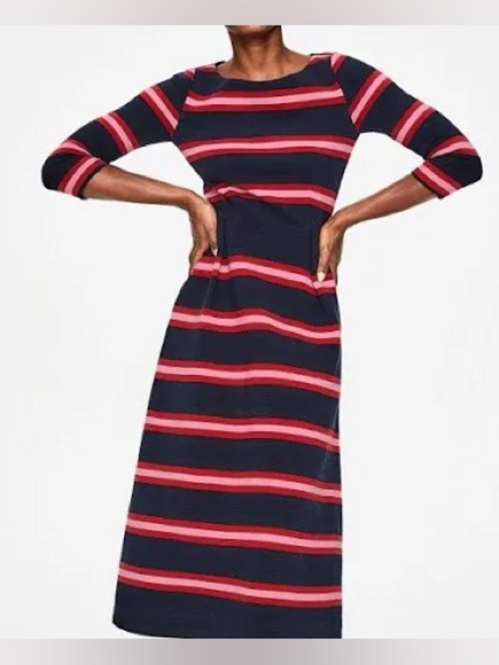 Boden Alma Ottoman Striped Midi Dress Navy Red Pink 4P Petite Fit Flare